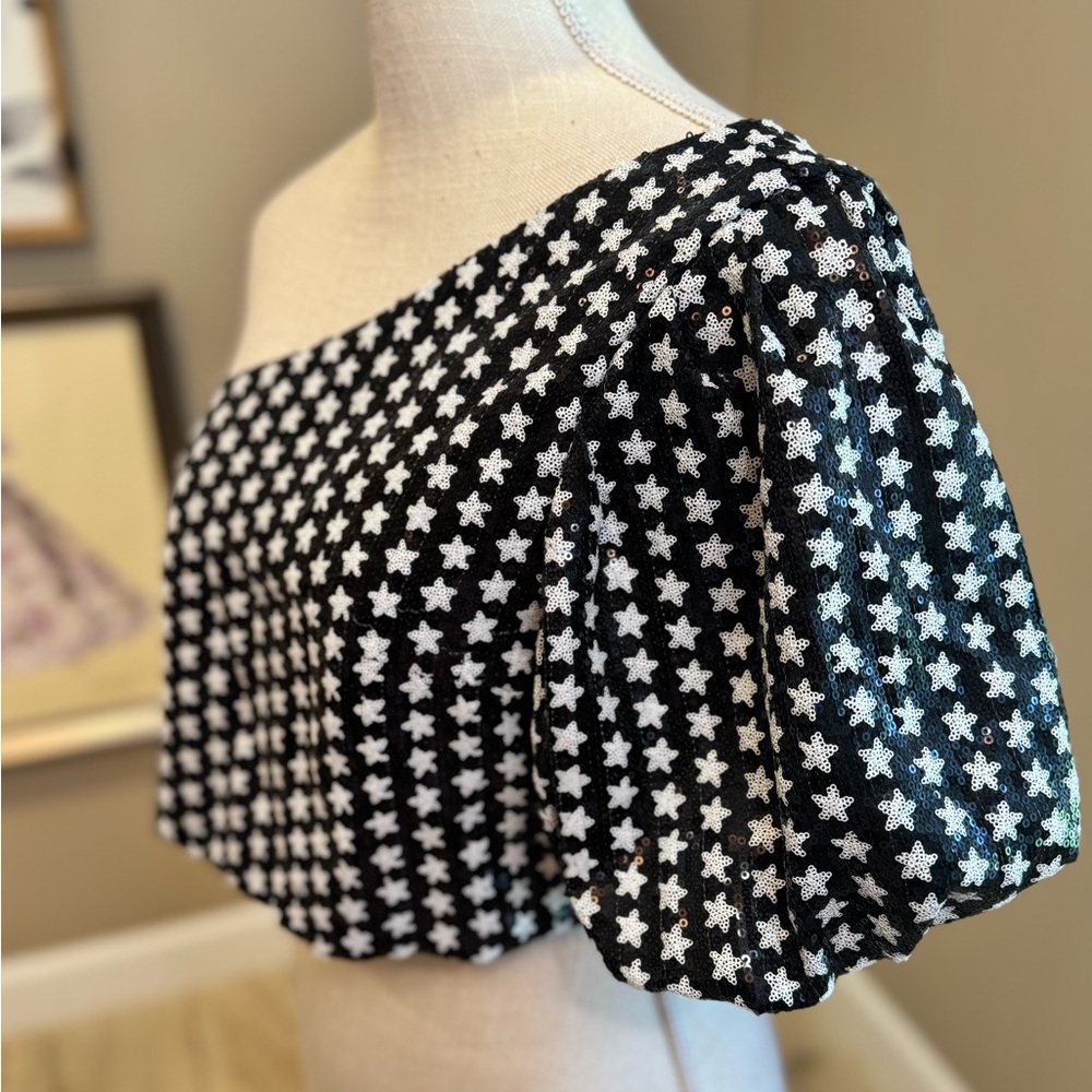 New! QUEEN OF SPARKLES Black and White Sequin Star One Shoulder Crop Top - Picture 4 of 7